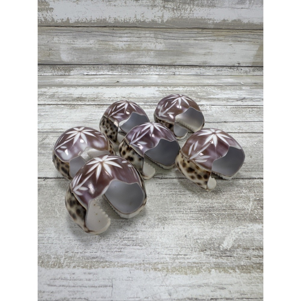 Vintage Hand Carved Cowrie Shell Napkin Rings Set of 6 Floral Etched Coastal